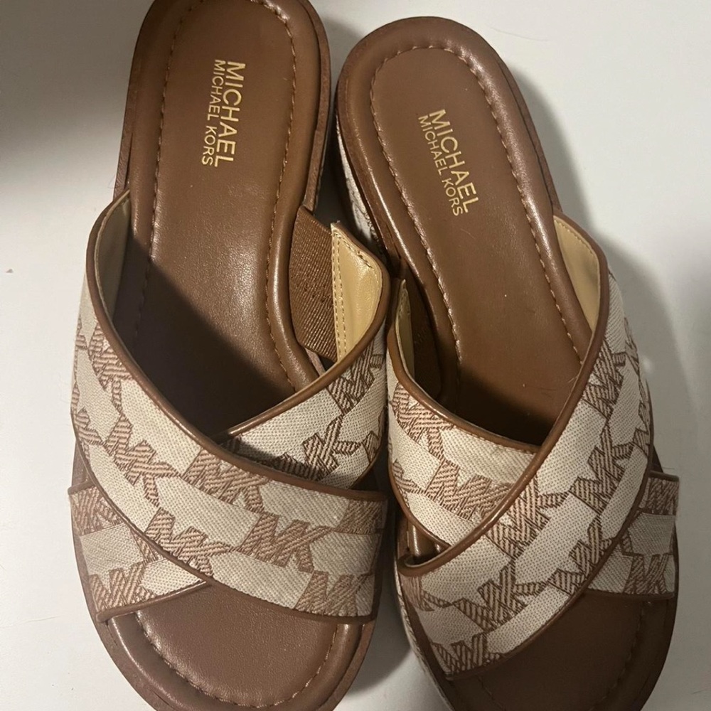 Michael Kors Beige and Brown Logo Platform Sandals - Picture 2 of 4